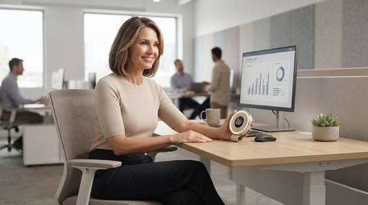 Une femme d'affaires souriante assise à son bureau dans un bureau moderne et ouvert, tenant un petit purificateur d'air personnel rond.