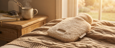 Bouillotte micro-onde texturée posée sur un plaid tricoté beige