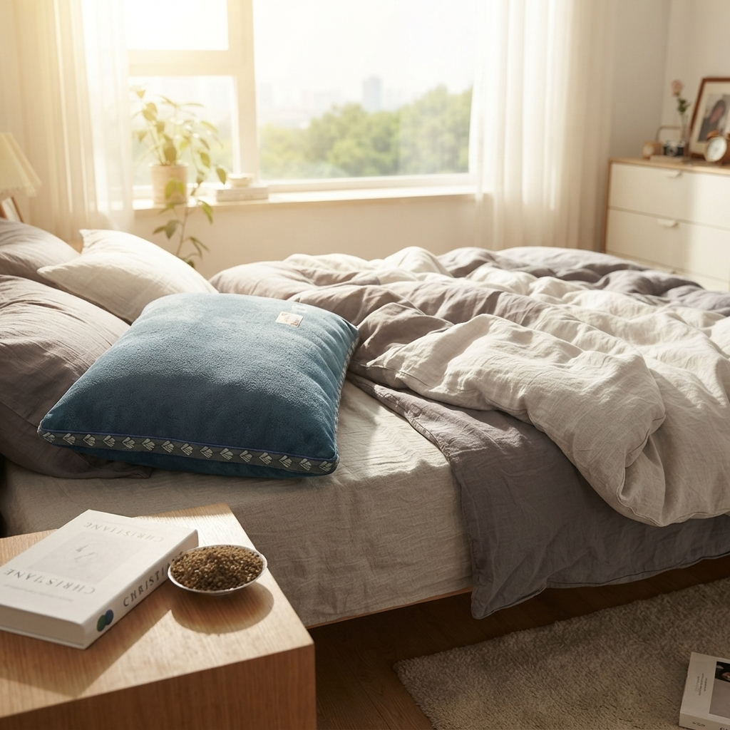 Chambre lumineuse avec l'oreiller cervical sarrasin Somnia™ Nature sur un lit défait