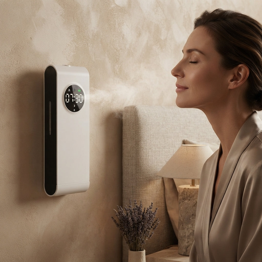 Diffuseur huile essentielle Sérénia™ fixé au mur, capteur de présence automatique