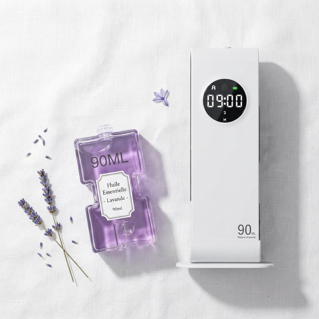 Diffuseur huile essentielle Sérénia™ posé sur un meuble, ambiance intérieure
