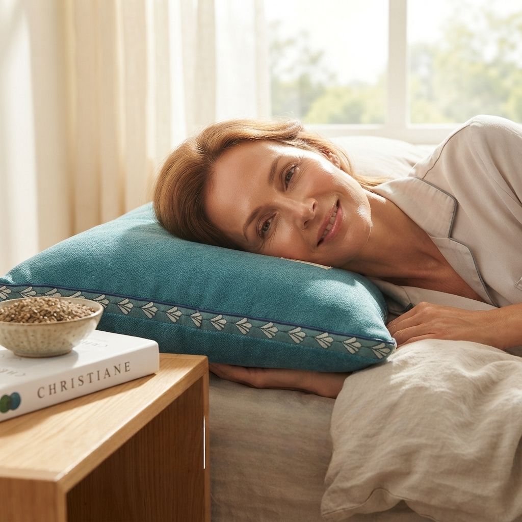Femme allongée sereinement sur un oreiller cervical sarrasin, chambre lumineuse le matin