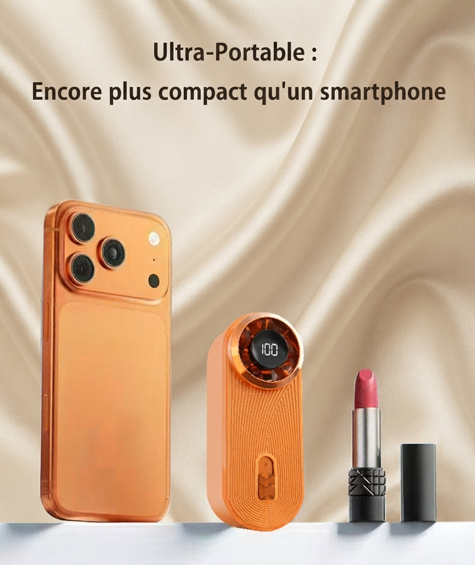 Ventilateur à main Vento comparé à la taille d'un smartphone, format ultra-compact