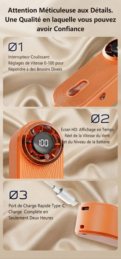 Ventilateur à main Vento détails interrupteur, écran HD et port de charge Type-C