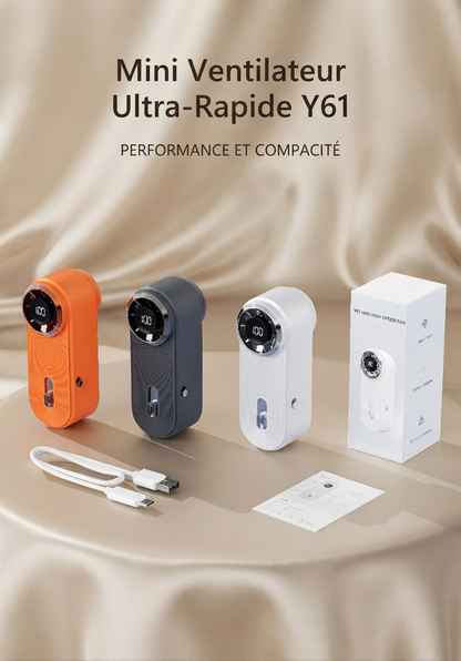 Ventilateur à main Vento coloris Orange Gris Blanc avec câble de charge et boîte