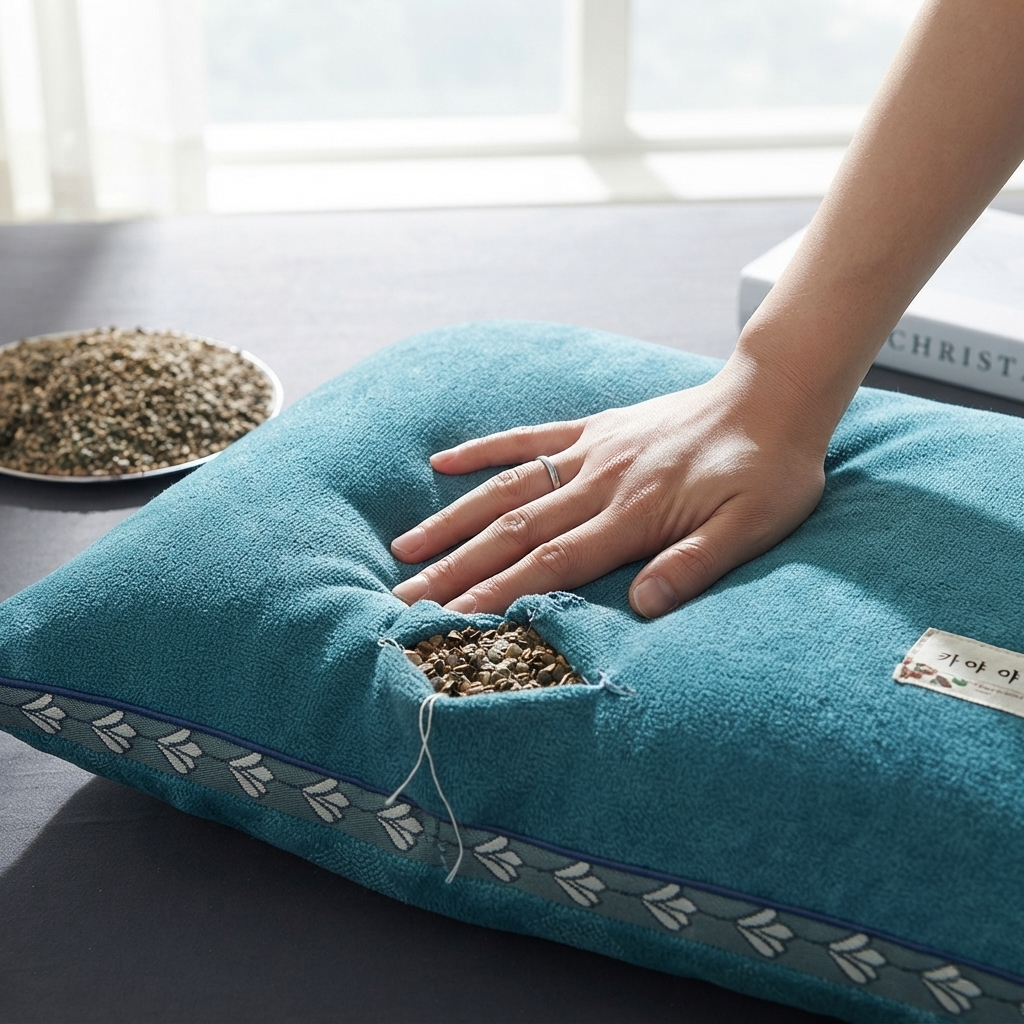 Gros plan sur la texture moelleuse de l'oreiller cervical sarrasin Somnia™ Nature
