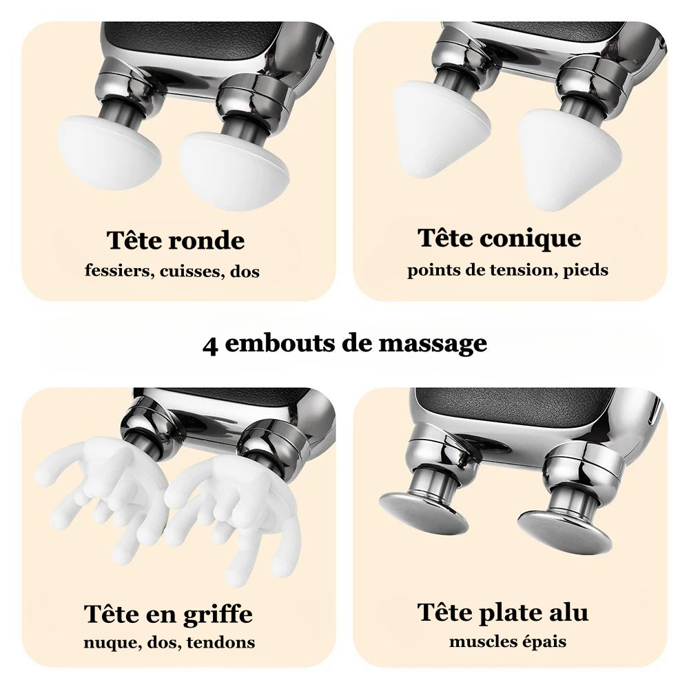 	Les 4 embouts du masseur fascia Myora™ : rond, conique, en griffe et plat en alliage
