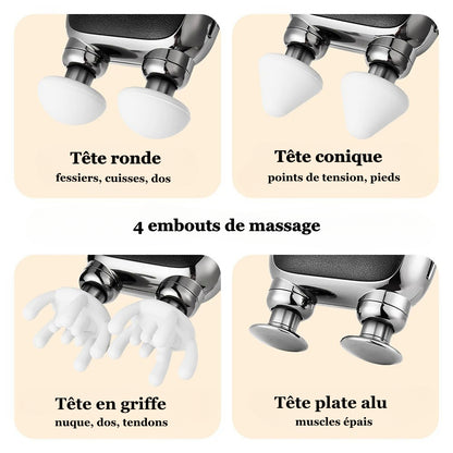 	Les 4 embouts du masseur fascia Myora™ : rond, conique, en griffe et plat en alliage