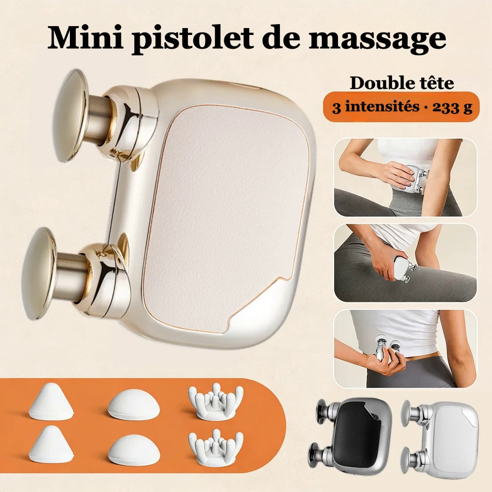 Mini pistolet de massage portable Myora™ doré avec ses embouts et ses zones d'application