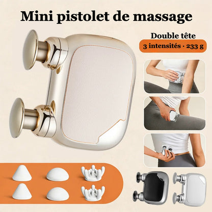 Mini pistolet de massage portable Myora™ doré avec ses embouts et ses zones d'application