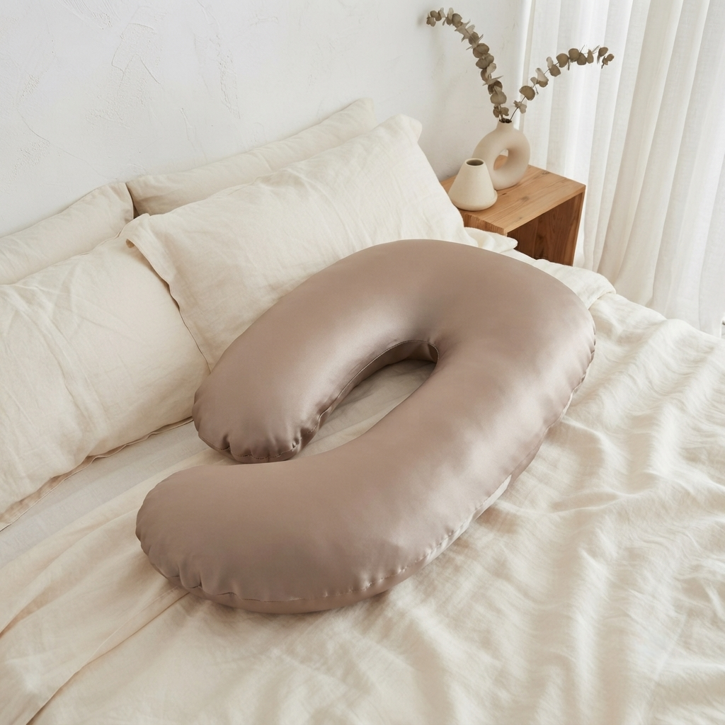 	Oreiller ergonomique en forme de U posé sur un lit