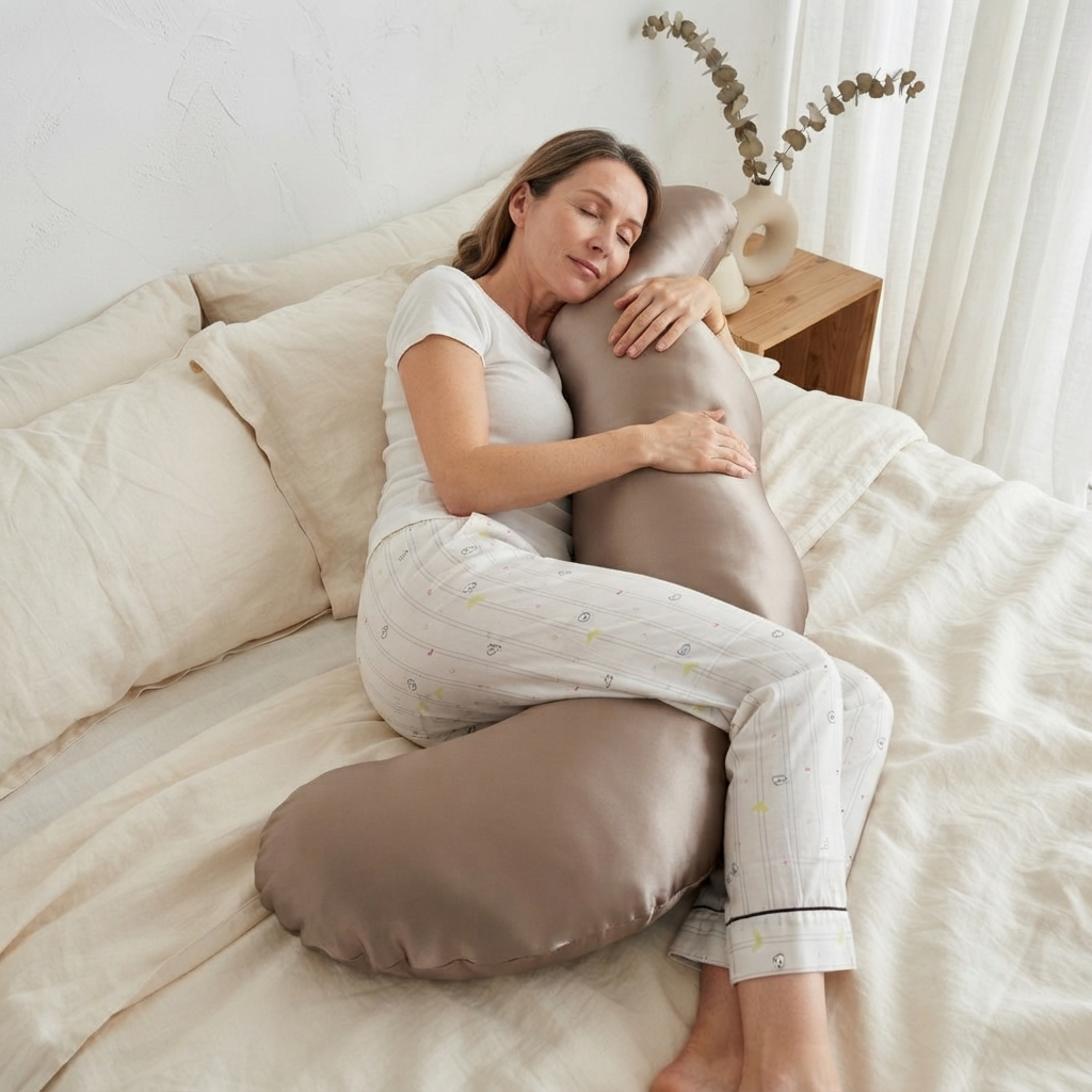 Oreiller ergonomique enlacé par une femme au lit