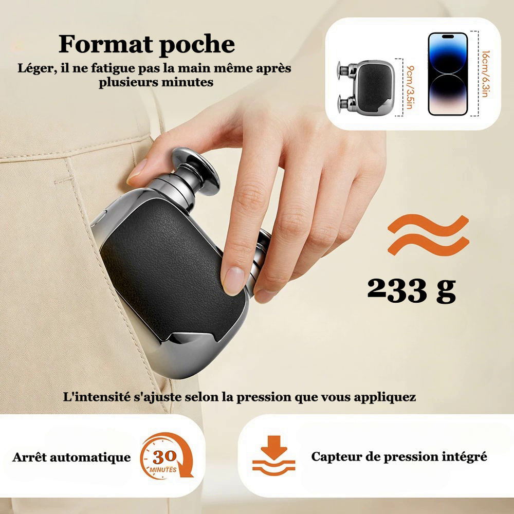 	Pistolet de massage Myora™ format poche de 233 g glissé dans une poche de pantalon