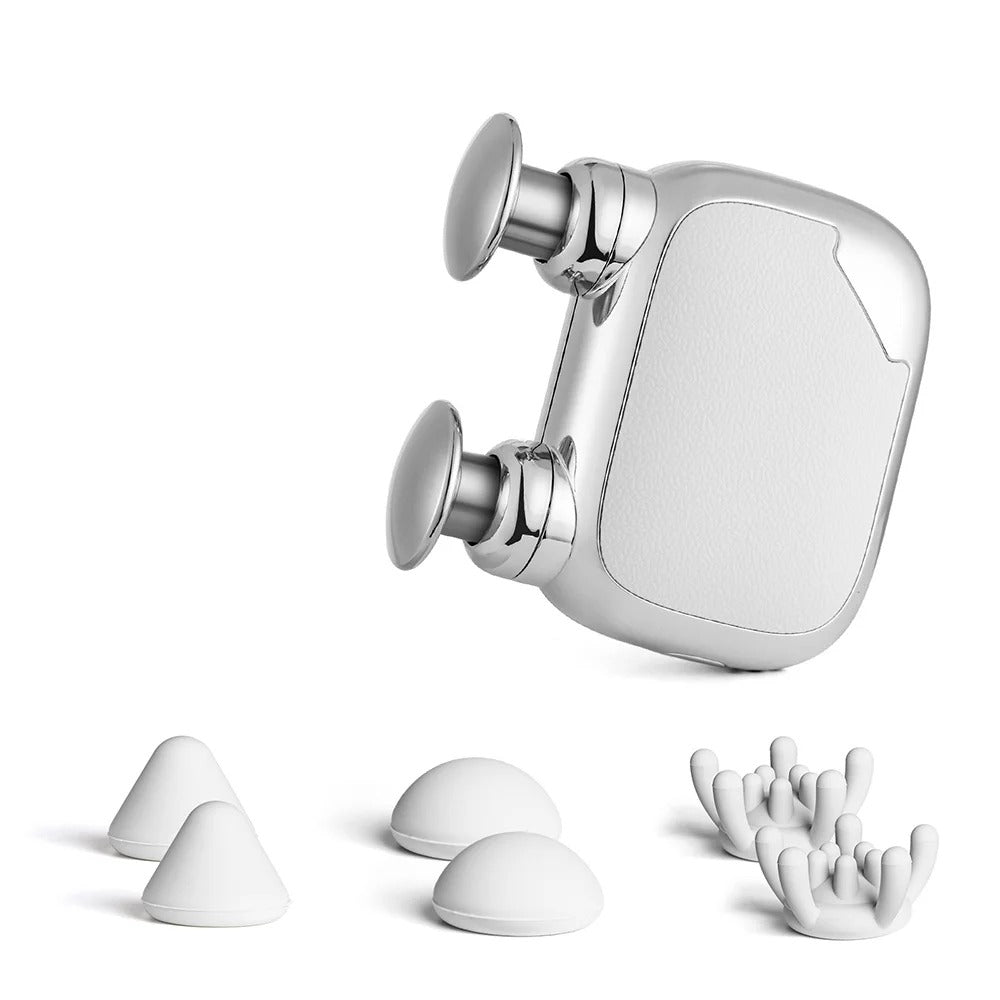 Pistolet de massage portable Myora™ blanc et argent avec ses embouts de rechange
