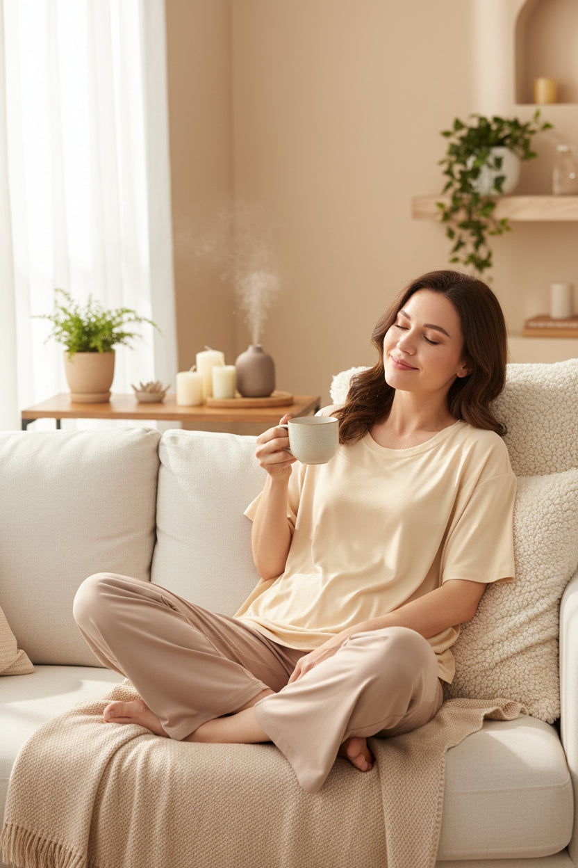 Pyjama porté par une femme de 45 ans se sent confortable. beige 