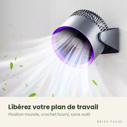Ventilateur portable Glacio™ fixé au mur par son crochet, diffusant de l'air frais