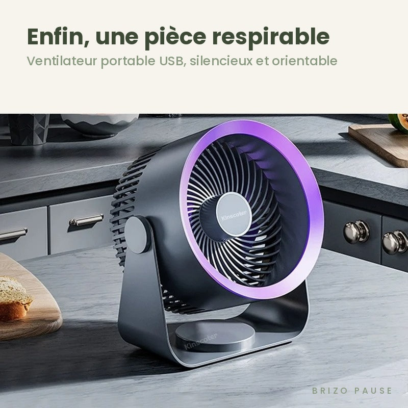 Ventilateur portable USB Glacio™ gris posé sur un plan de travail de cuisine