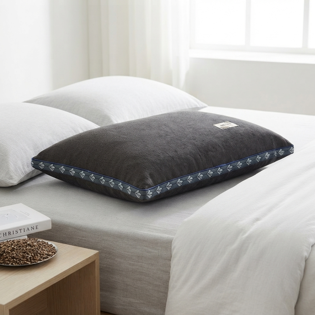Oreiller cervical sarrasin coloris anthracite posé sur un lit