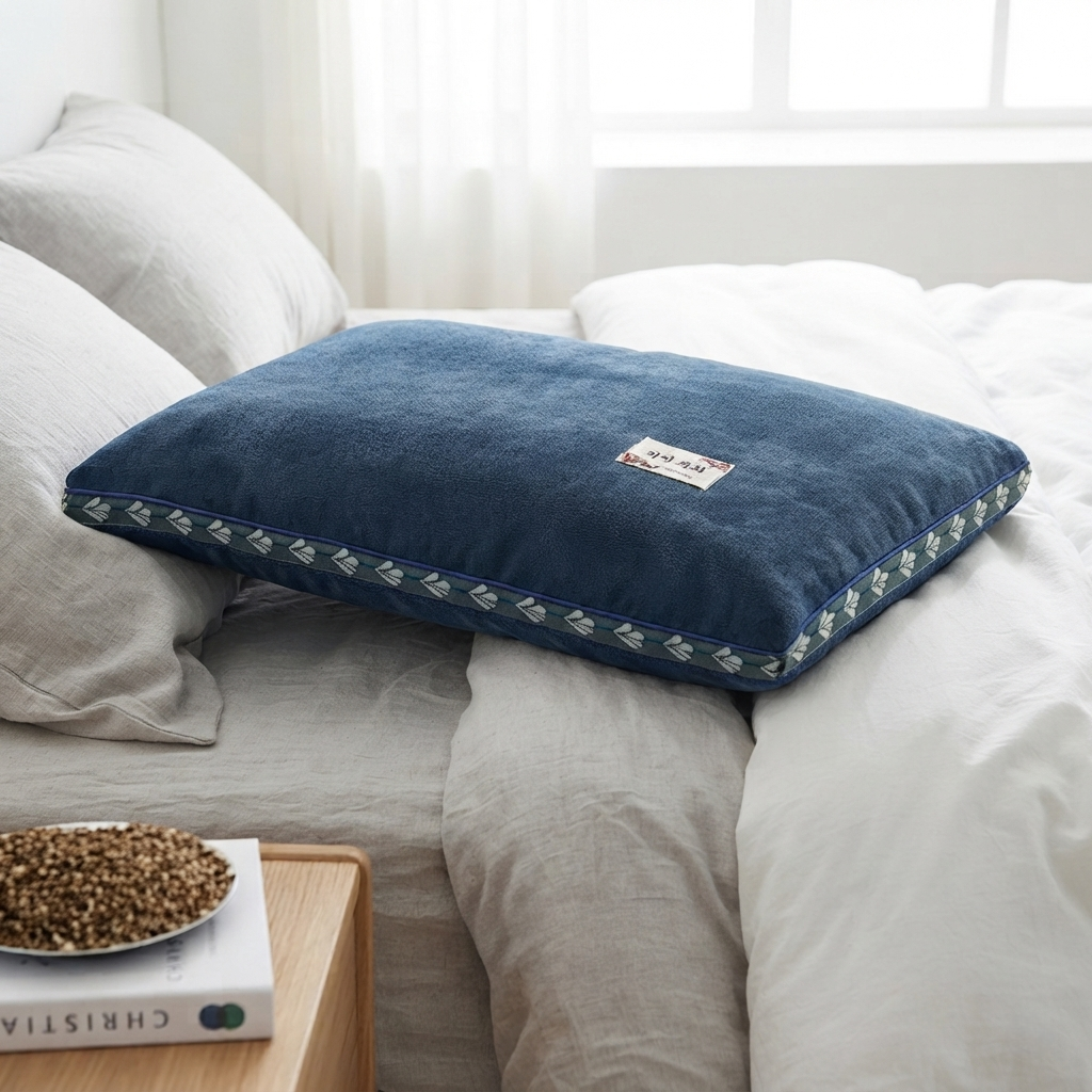 Oreiller cervical sarrasin coloris bleu marine posé sur un lit