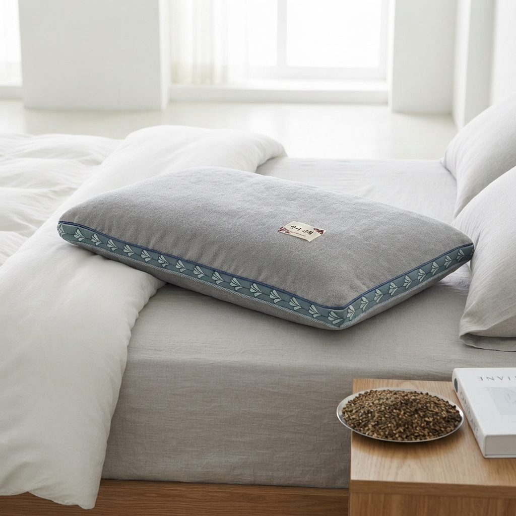 Oreiller cervical sarrasin coloris gris clair posé sur un lit