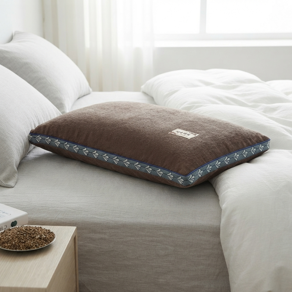 Oreiller cervical sarrasin coloris marron posé sur un lit