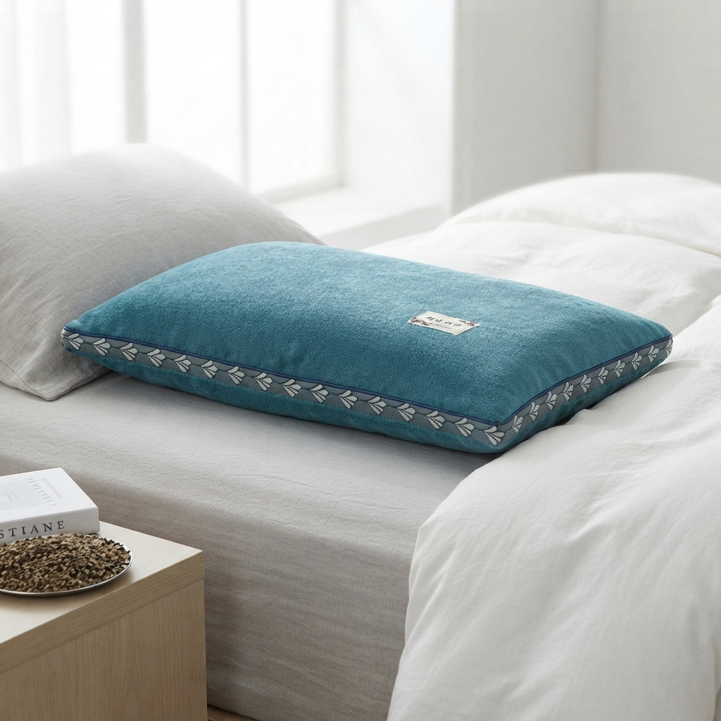 Oreiller cervical sarrasin coloris vert sapin posé sur un lit