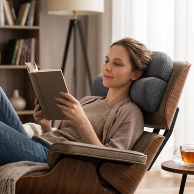 Oreiller cervical femme lit un livre 
